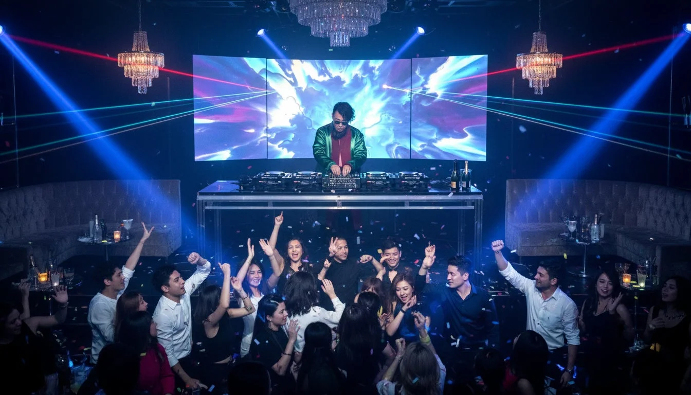 DJがパフォーマンスするクラブで盛り上がる人々