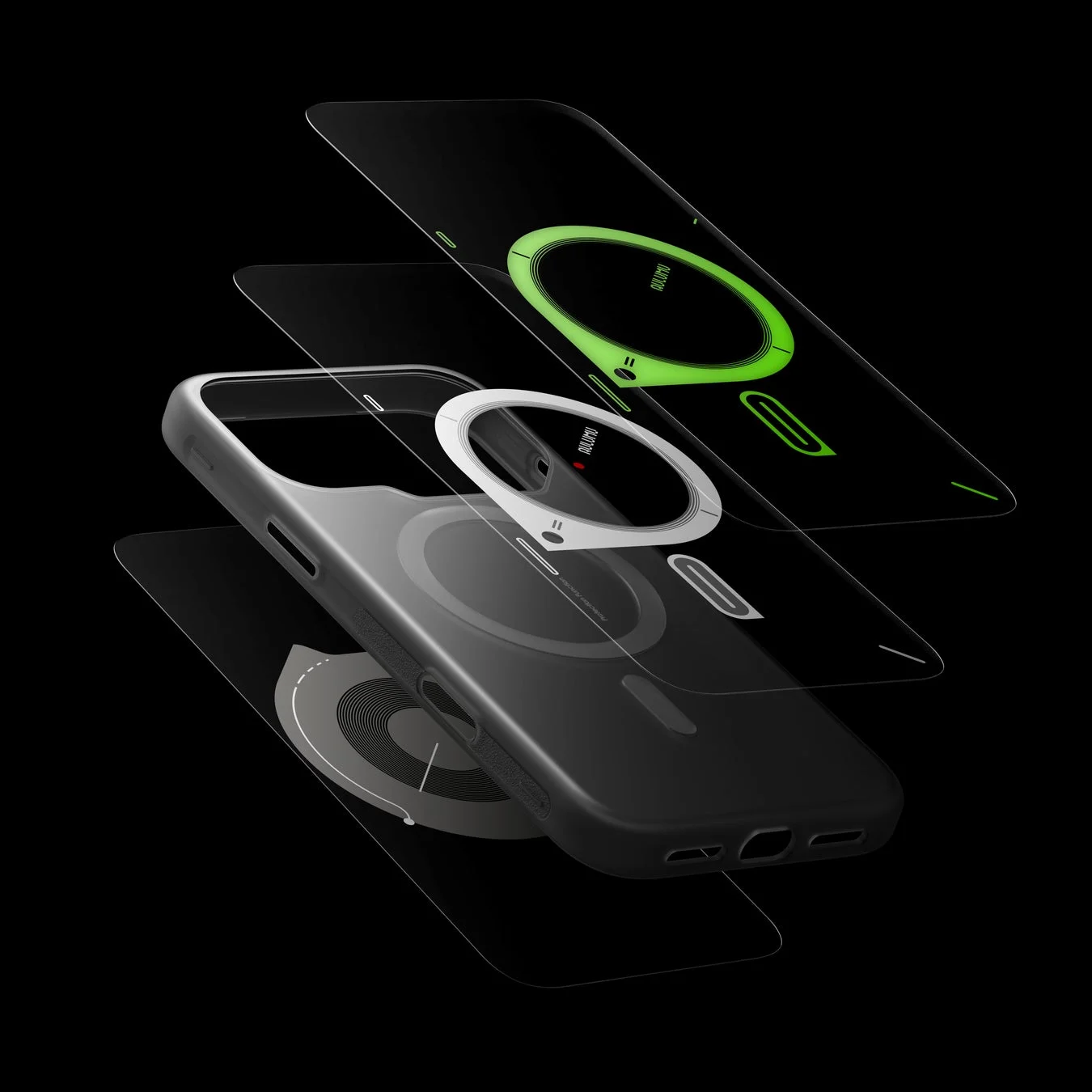 透明なスマートフォンケースが、MagSafe対応の磁気リングや保護フィルムなどの構成要素として層状に分解され、浮遊している様子を捉えた製品写真です。