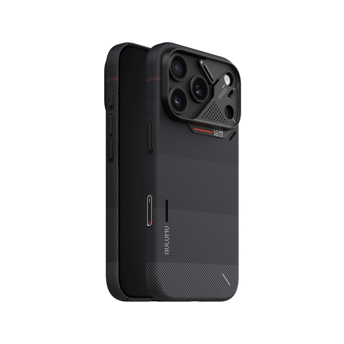 黒色のスマートフォンケースで、複数のカメラレンズを保護するデザインが特徴です。