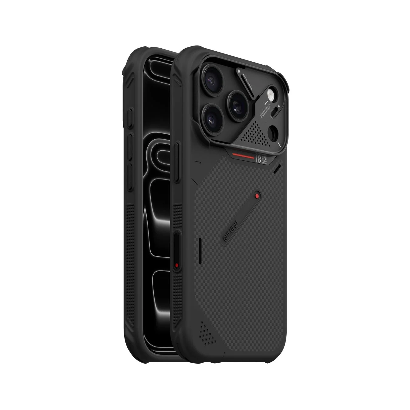 白背景に置かれた黒色の頑丈なスマートフォンケース。