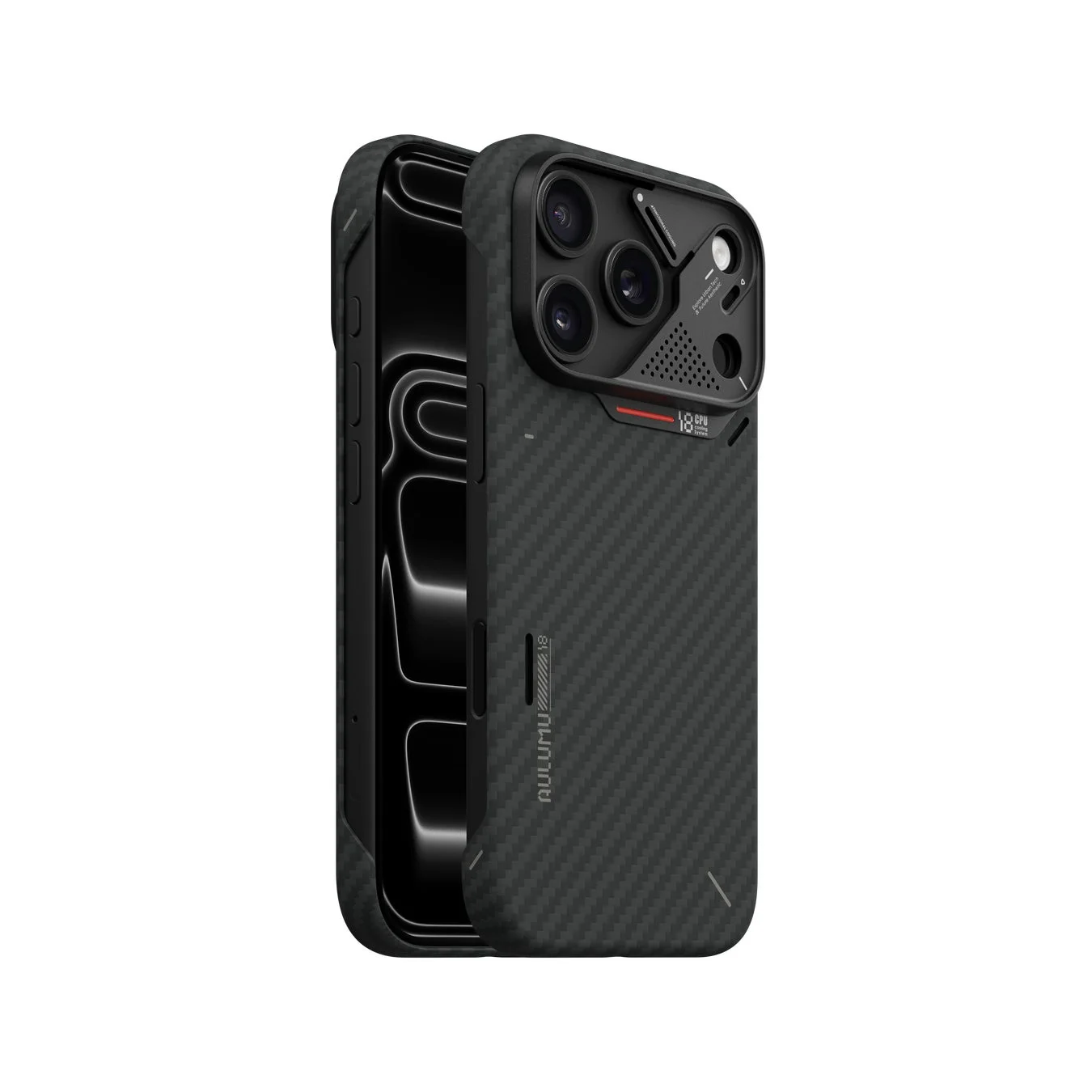 カーボンファイバー調の黒いスマートフォンケースです。