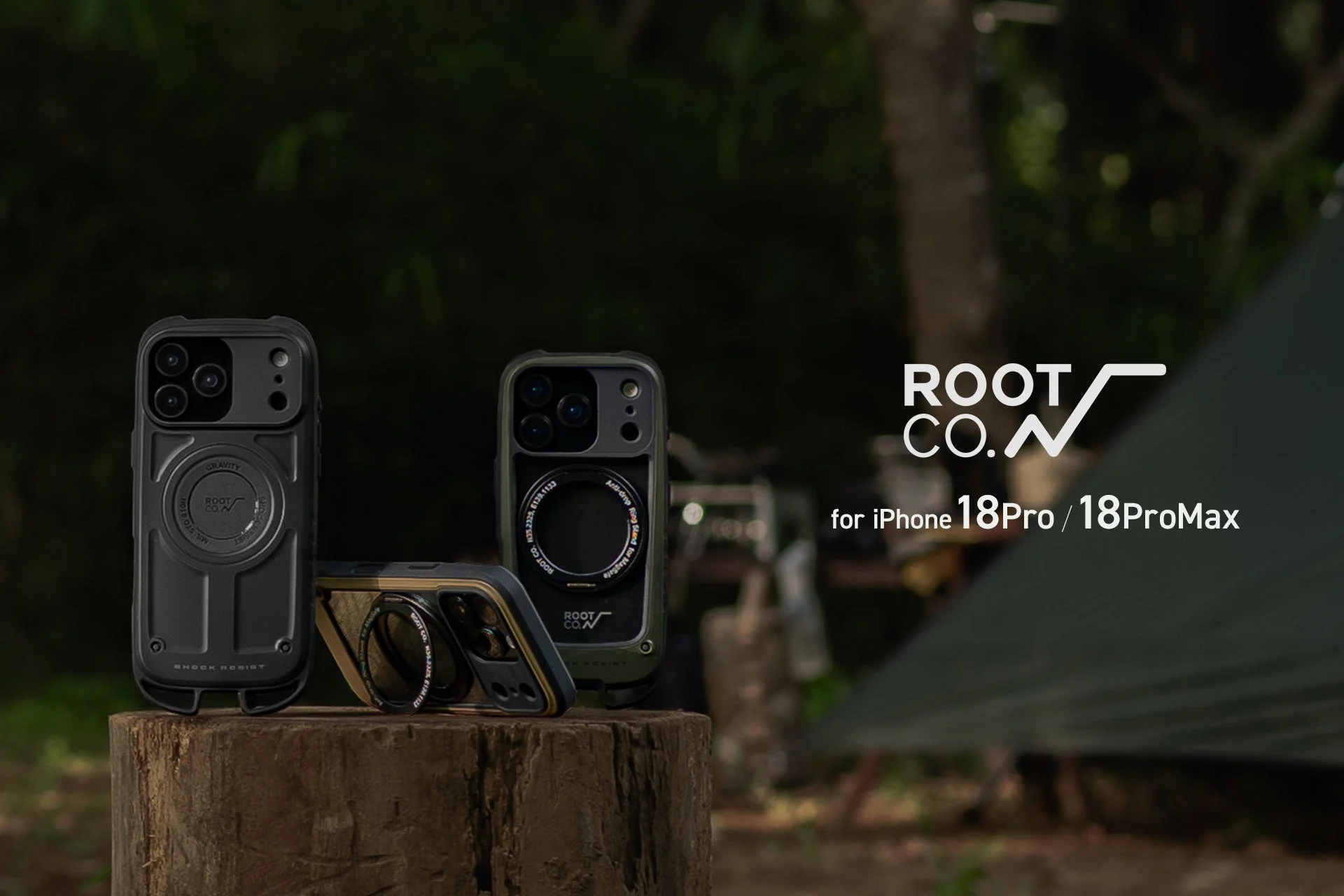 ROOT CO.のiPhone 18 Pro/18 Pro Max用耐衝撃ケースの広告画像です。アウトドア環境を背景に、Magsafe対応の落下防止リングスタンド付きの頑丈なスマホケースが複数展示されています。