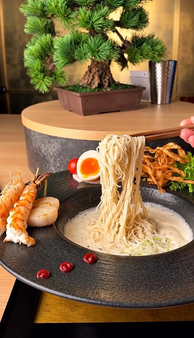 盆栽が飾られた和風の空間で、濃厚な白いスープのラーメンが提供されています。箸で持ち上げられた麺には、海老、ホタテ、半熟卵、ミニトマトなどが添えられ、彩り豊かで洗練された一品です。