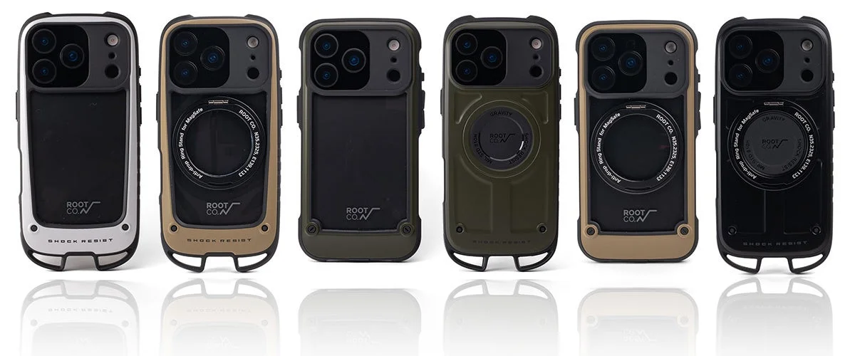 ROOT CO.の耐衝撃iPhoneケース6種類が並べられています。MagSafe対応リングスタンド付きやシンプルなデザインがあり、白、カーキ、オリーブ、黒などのカラーバリエーションが特徴です。タフで機能的なスマホアクセサリーです。