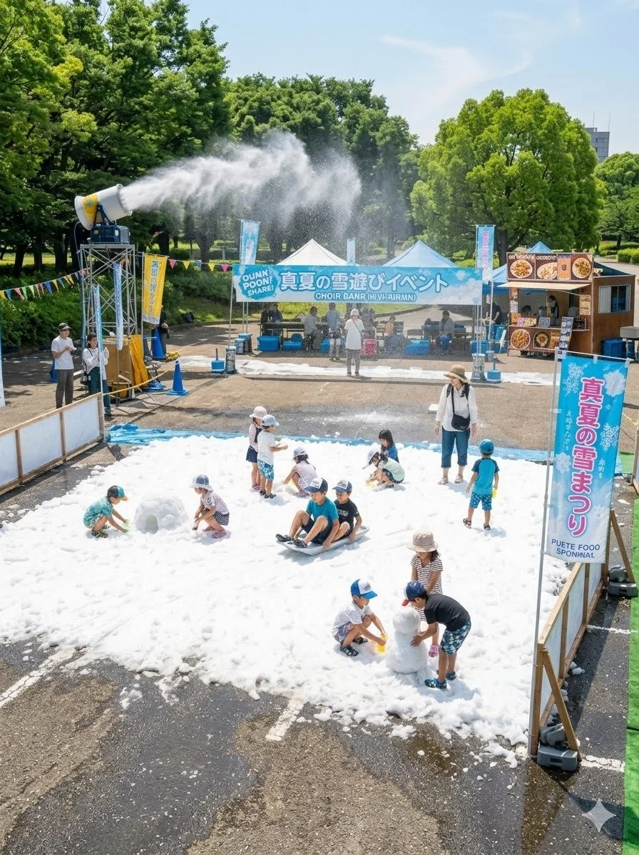 夏らしい晴天の下、公園で「真夏の雪遊びイベント」が開催されており、子供たちが人工雪の中で雪だるまを作ったり、ソリに乗ったりして楽しんでいる様子