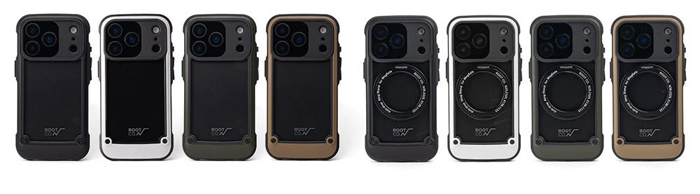 複数のiPhoneケースが並べられた画像で、ROOT CO.ブランドの製品が様々な色と機能で紹介されています。一部のケースにはMagSafe対応のリングスタンドが搭載されており、堅牢なデザインが特徴です。