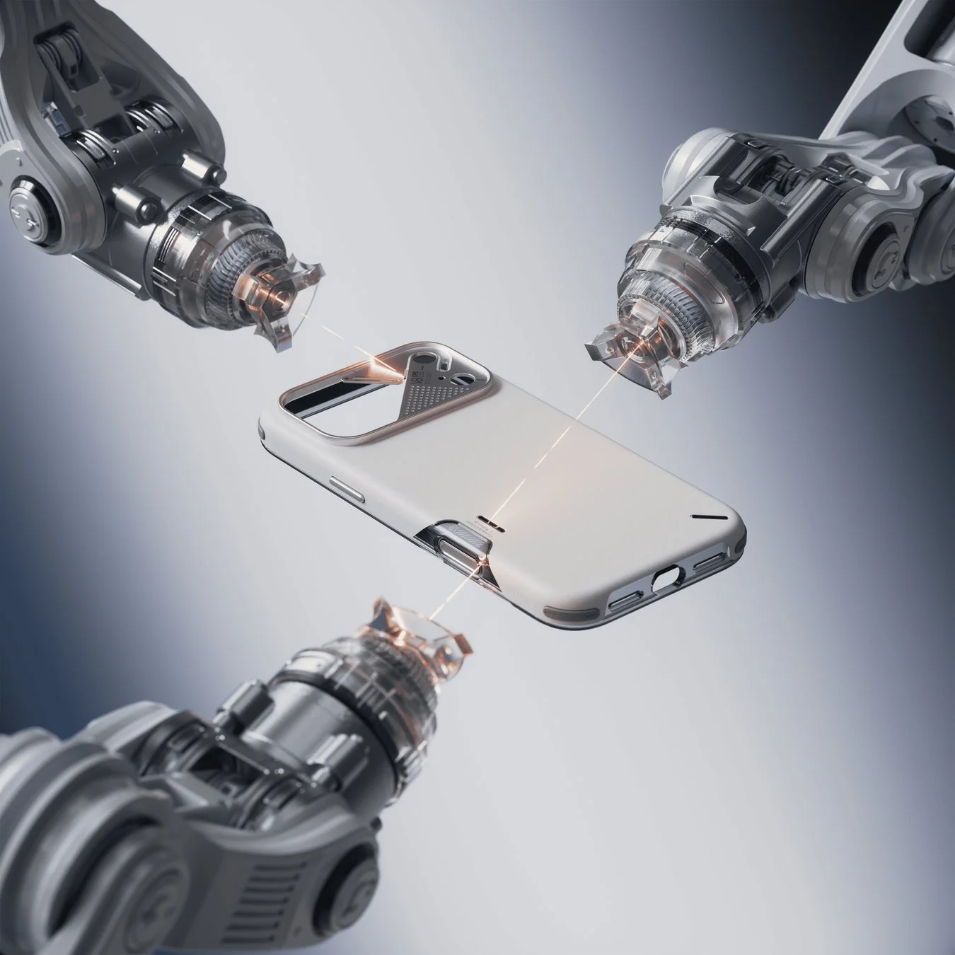 複数のロボットアームがレーザーを使って、白いスマートフォンケースに精密な作業を行っている様子です。