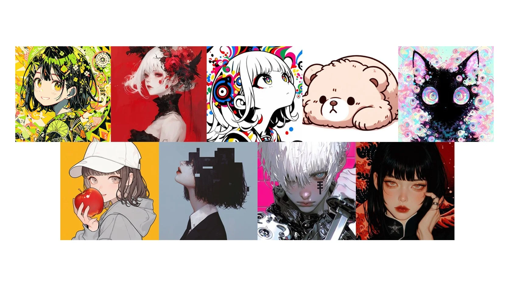 様々なスタイルのデジタルイラストのコラージュ
