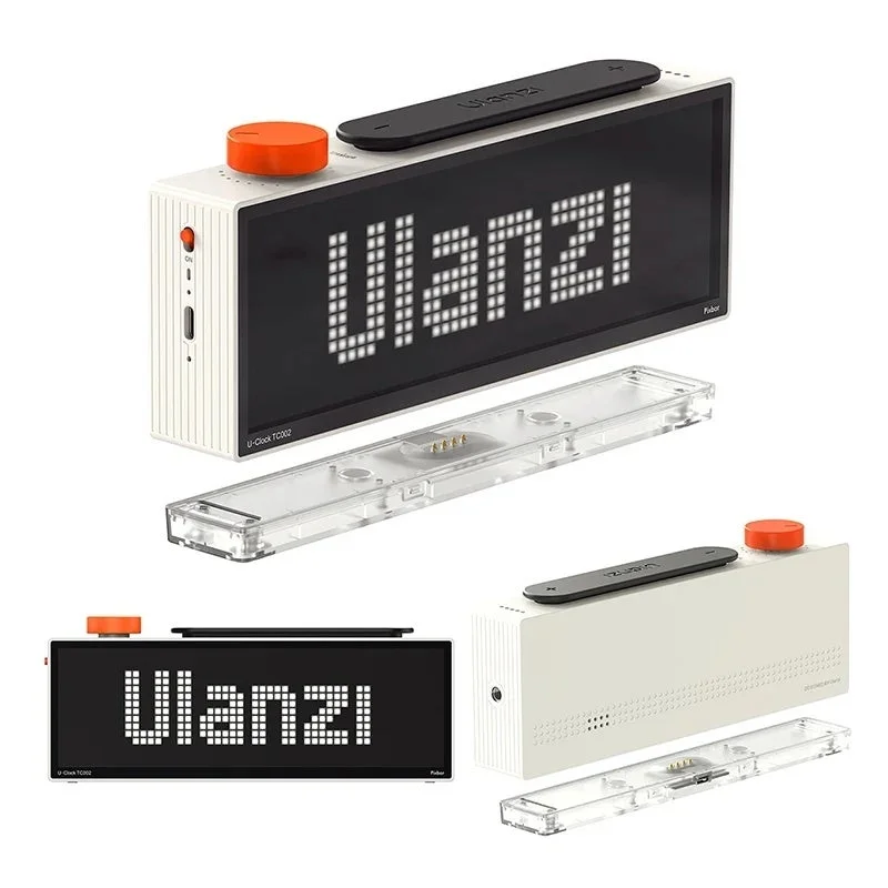 Ulanzi製のLEDドットマトリックスディスプレイを搭載したデジタル時計。白を基調とし、オレンジ色のダイヤルが特徴。ブランド名がディスプレイに表示され、透明な充電ベースも付属する。