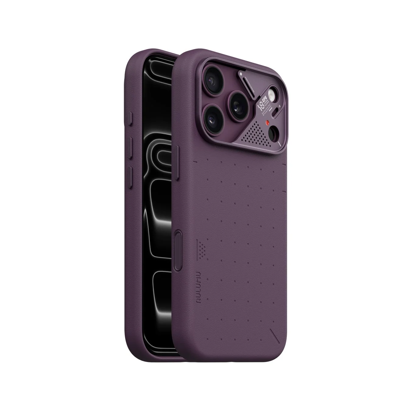 紫色のスマートフォンケースが斜めから撮影された写真です。