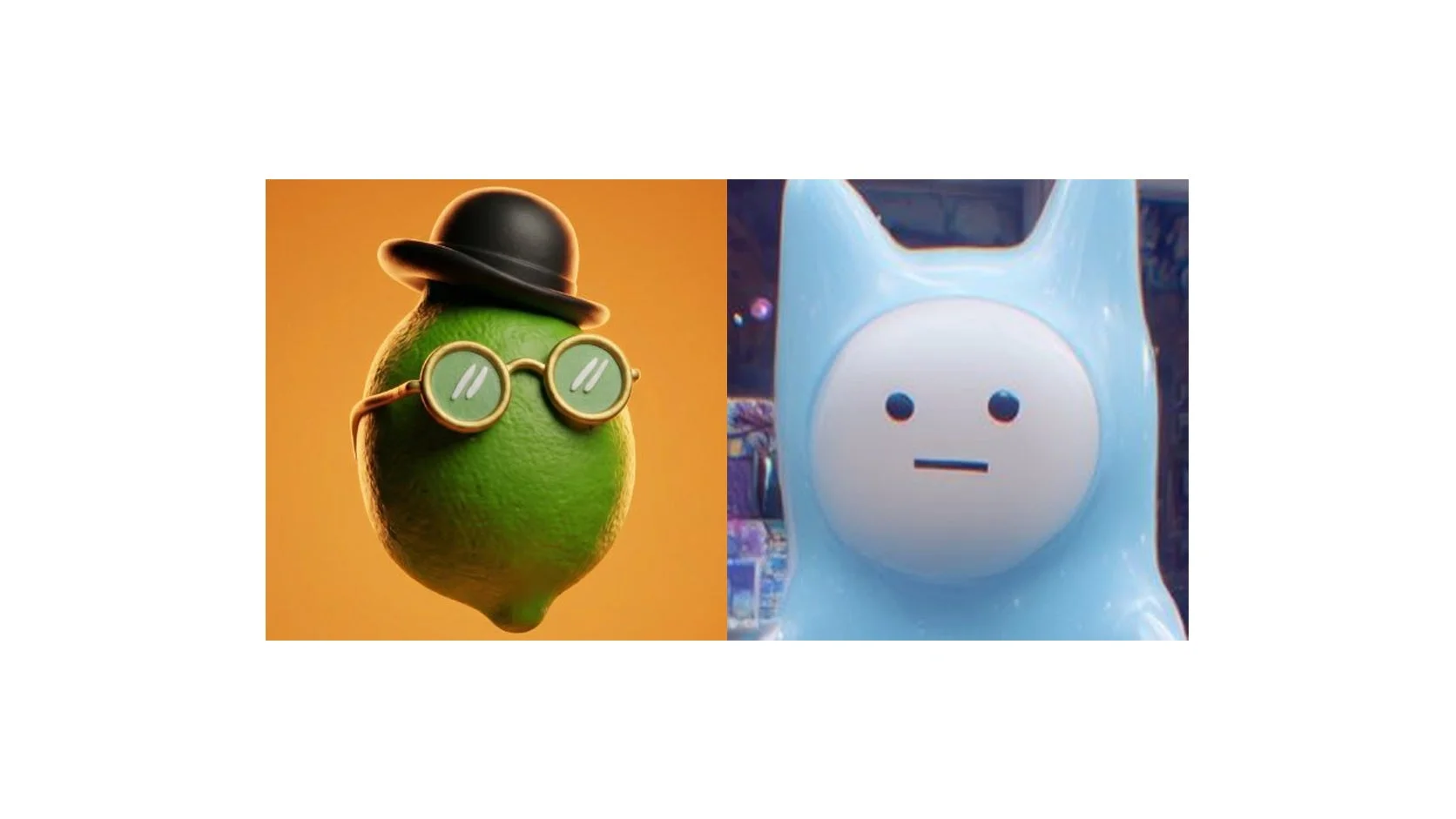 山高帽と丸眼鏡のライムと水色のキャラクター