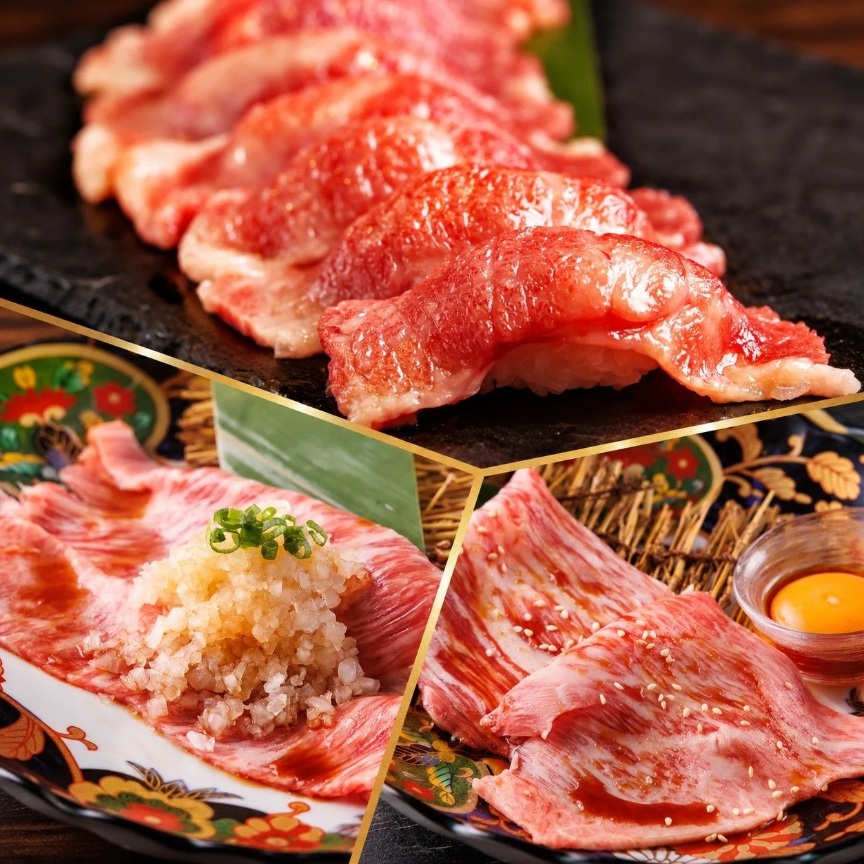 豪華な焼肉の盛り合わせと肉寿司