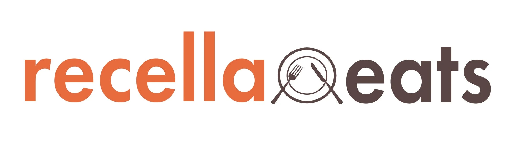「recella eats」という文字ロゴで、中央には皿とフォーク、ナイフのアイコンが「eats」の「e」の文字を置き換える形で配置されています。食品関連のブランドやサービスを示すデザインです。