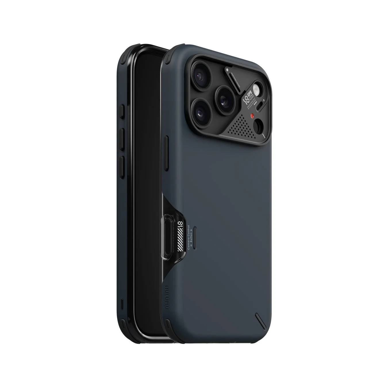 iPhone用のダークブルーのスマートフォンケースが白い背景に置かれている画像です。