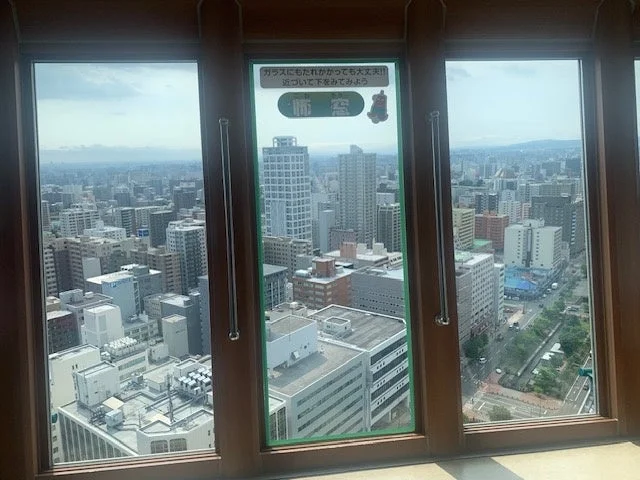展望台の窓から広がる都市の風景を捉えた画像です。無数の高層ビルや住宅が立ち並び、遠くまで続く街並みが一望できます。