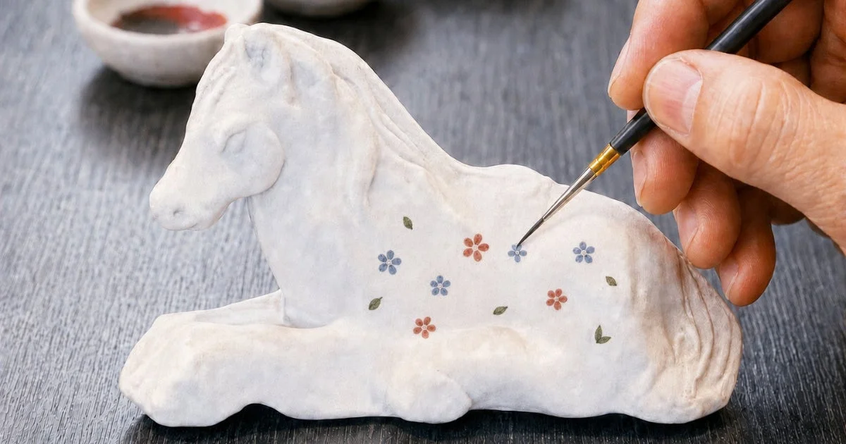 白い馬の置物に小さな青や赤の花の模様を筆で丁寧に絵付けしている様子