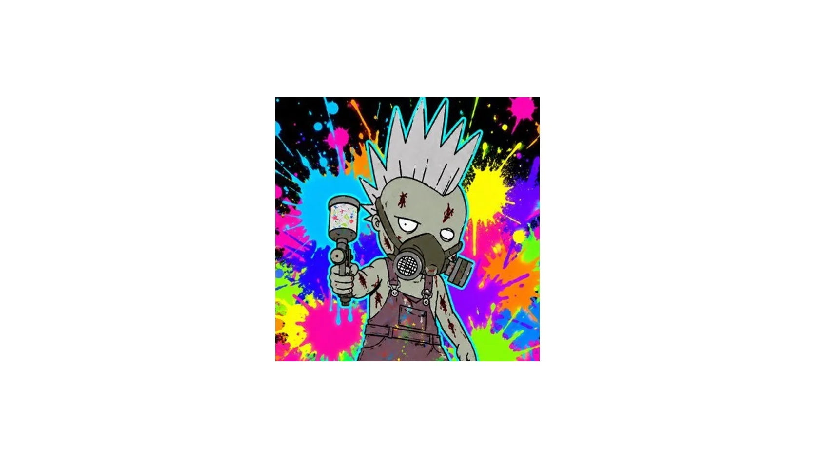 ガスマスクを着用しスプレーガンを持ったパンク風キャラクターのイラスト