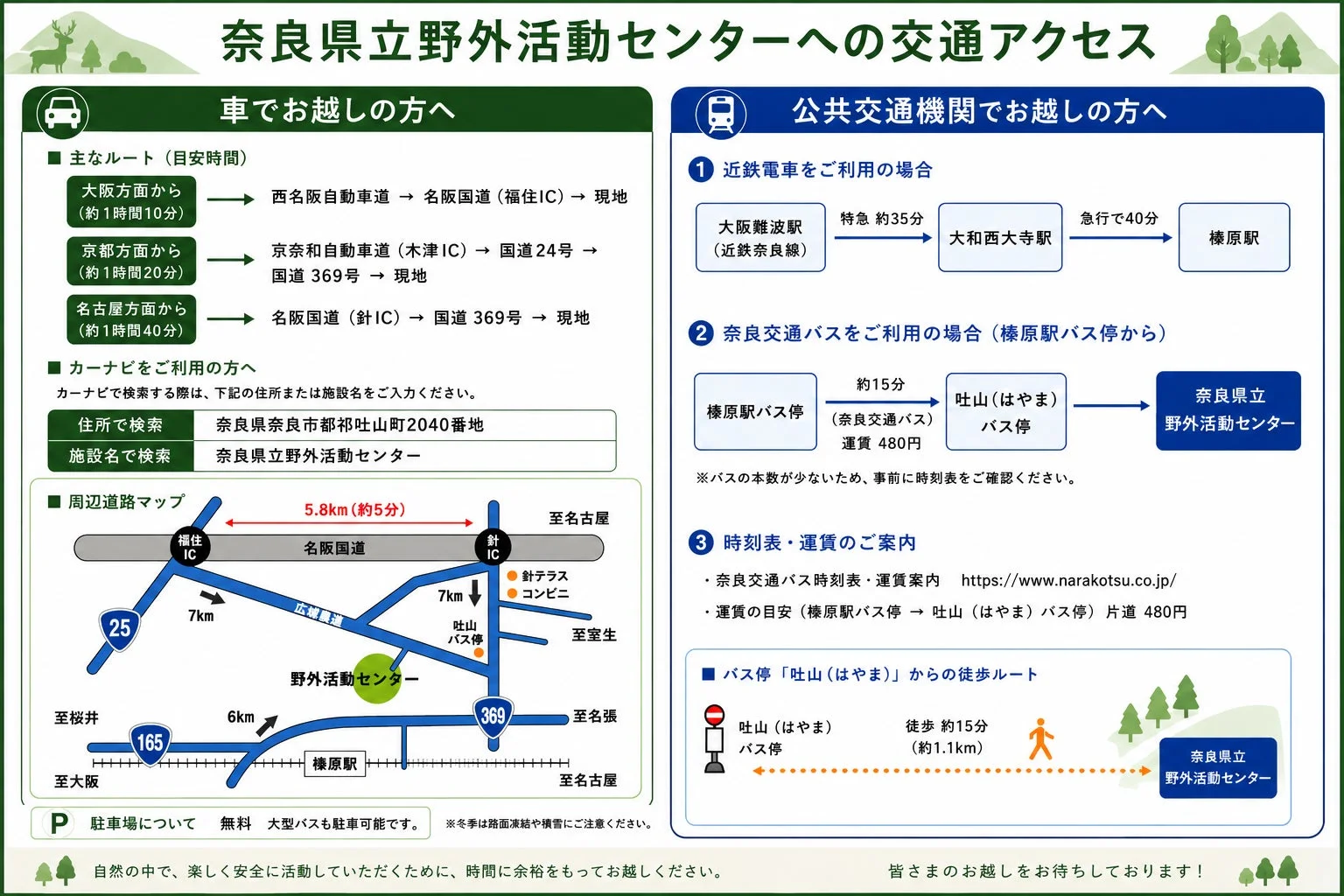 奈良県立野外活動センターへの交通アクセス