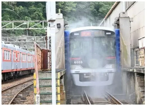 電車が洗車機で洗浄されている様子