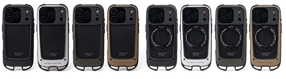ROOT CO.ブランドの耐衝撃スマートフォンケースが8種類並んでいます。ブラック、ホワイト、オリーブ、コヨーテのカラーバリエーションがあり、一部のケースにはMagSafe対応のリングスタンドが装着されています。