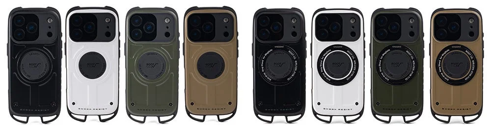 様々な色の耐衝撃iPhoneケースが並べられています。各ケースはMagSafe対応のリングスタンド機能を備え、「ROOT CO.」のブランドロゴと「SHOCK RESIST」の文字が特徴です。
