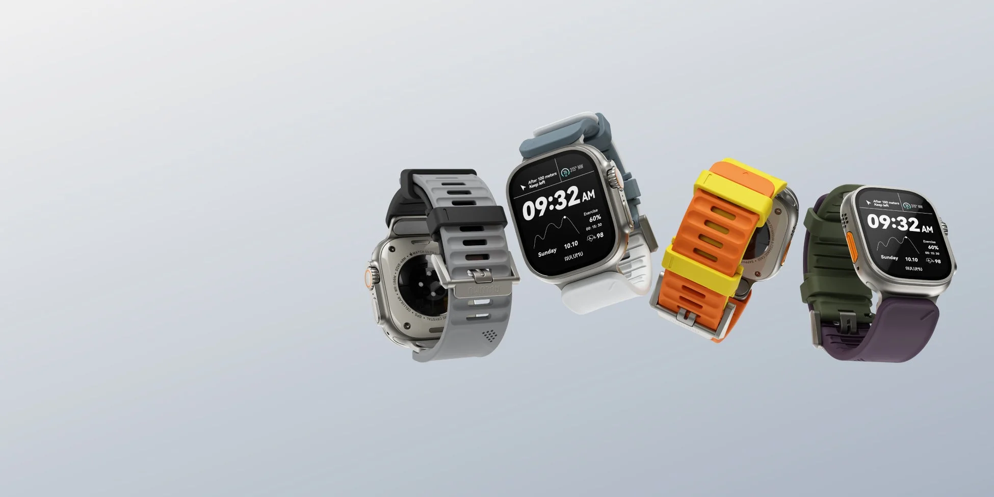 様々な色のバンドを付けた複数のApple Watch Ultra