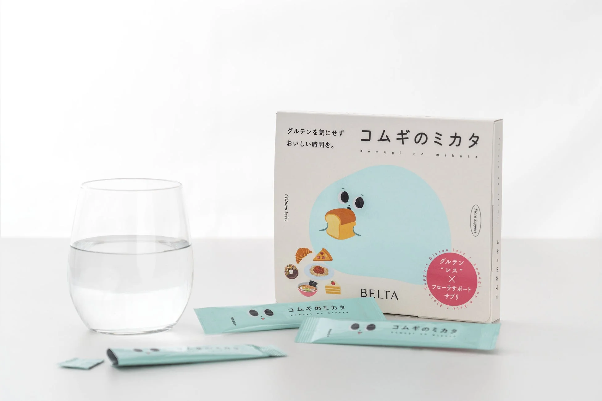 「コムギのミカタ」パッケージとグラス